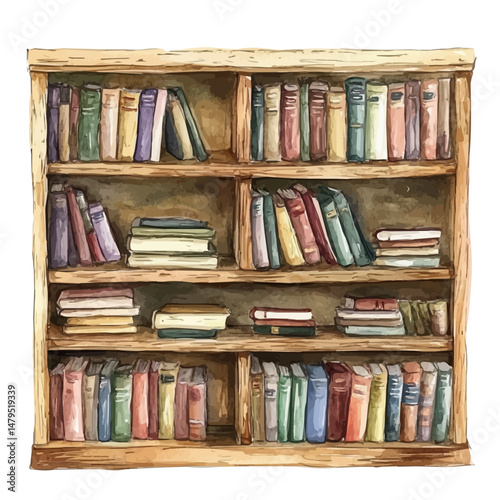watercolor vector of Wooden Bookshelf, isolated on a white background.