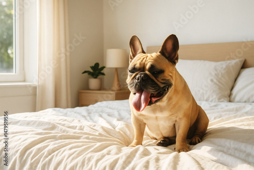 rench Bulldog on Bed Under Natural Light, Showing Signs of Heat Fatigue
