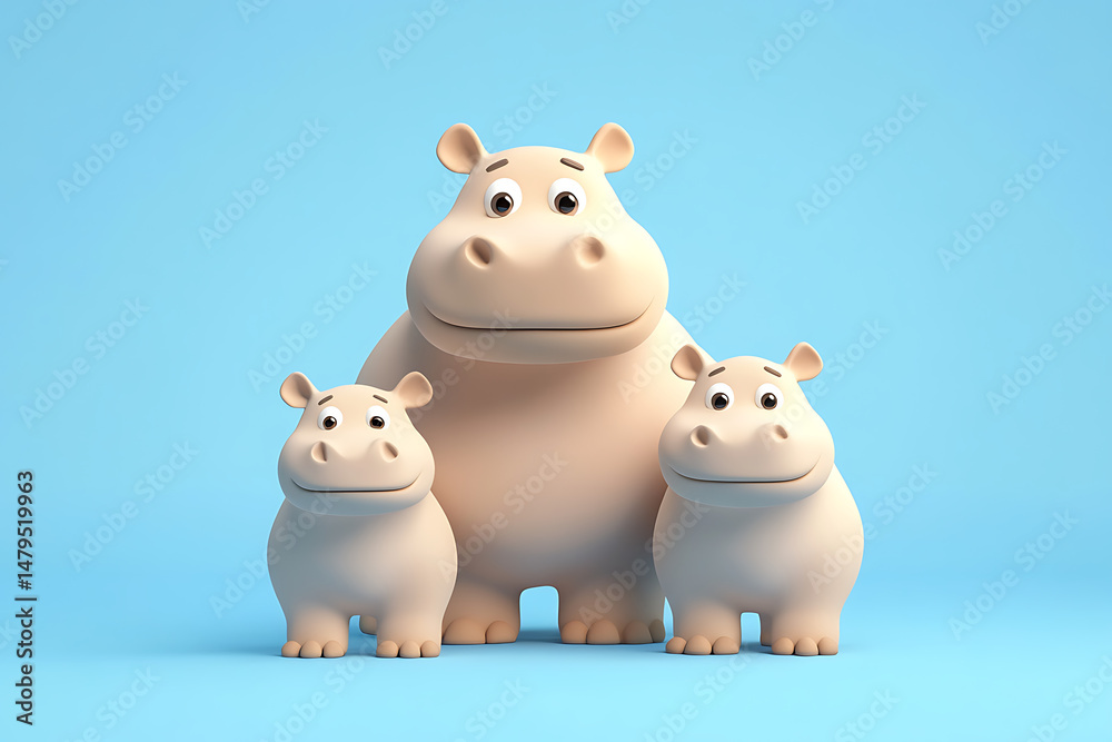 Naklejka premium Three cartoon hippos standing together on a light blue background, showcasing their playful nature