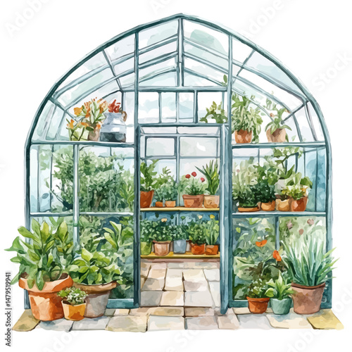 watercolor vector of Greenhouse, isolated on a white background.