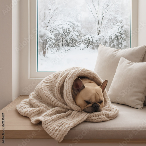 Sleeping French Bulldog Wrapped in Blanket on Window Bench During Snowfall