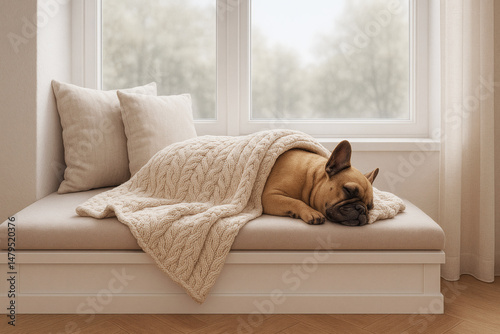 French Bulldog Sleeping on a Window Bench Under Cozy Knit Blanket