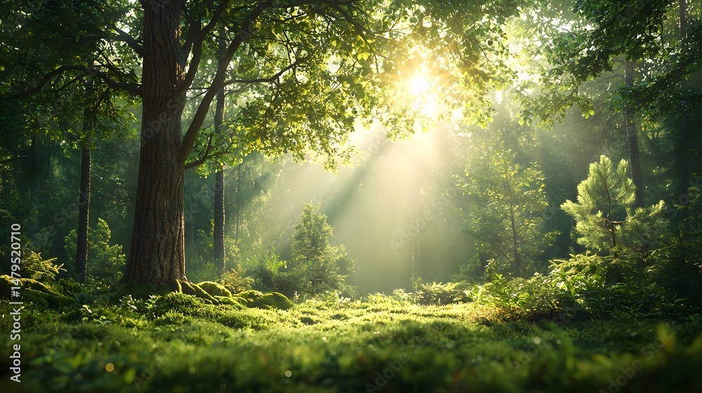 Fototapeta premium A photograph of a magical sunlit forest with light rays shimmering and shining through the tall dense trees creating an ethereal and peaceful atmosphere The serene