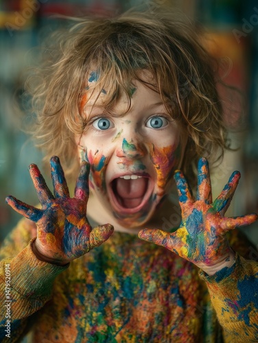 Amazed child with painted hands and colorful face showing excitement and creativity during fun indoor activity
