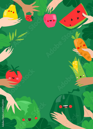Cute Frame with Hands holding Cartoon Fruits and Vegetables