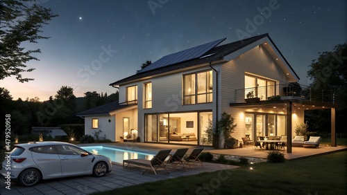 Modern luxury house with pool, solar panels, and an electric car at night
