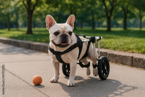French Bulldog in Wheelchair on Sidewalk in Urban Park Setting