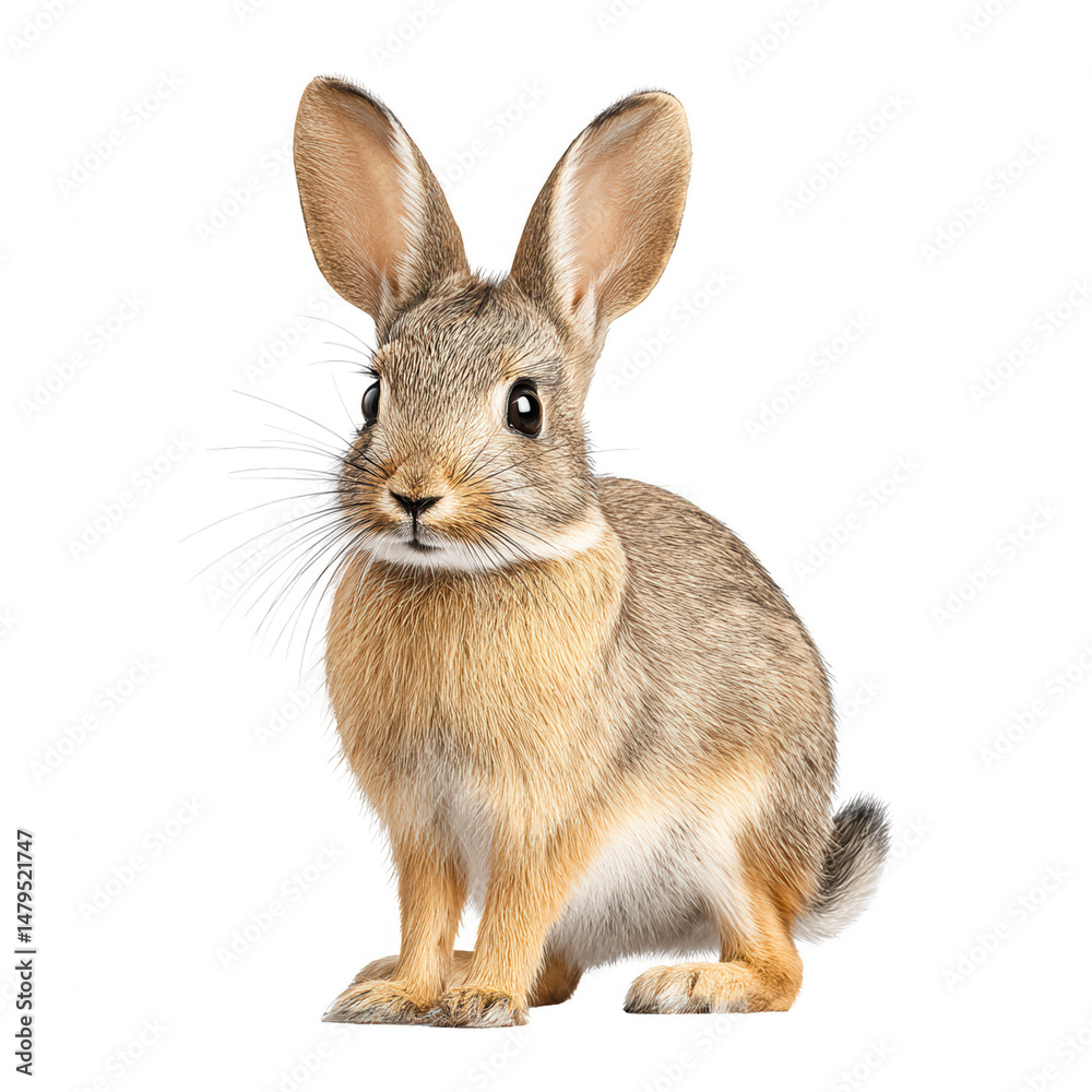 Fototapeta premium A cute brown rabbit with long ears is sitting on white background alone.