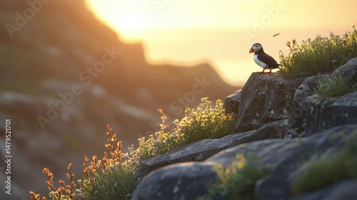Puffin on rocky outcrop silhouetted by a golden sunset in natural environment photo