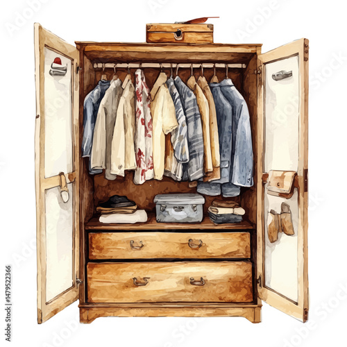 watercolor vector of Wardrobe, isolated on a white background.