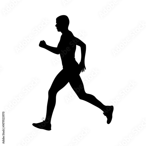 Silhouette of a man running with determination against a white backdrop