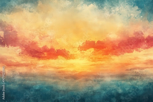 Vibrant sunset over the ocean with swirling clouds and reflections during twilight hours in a serene coastal setting