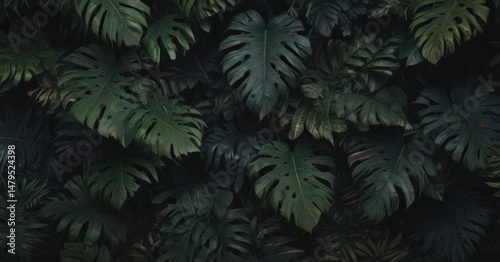 Dark, lush tropical leaves overlap, creating a textured, mysterious pattern , illustration, dark green, leaf texture