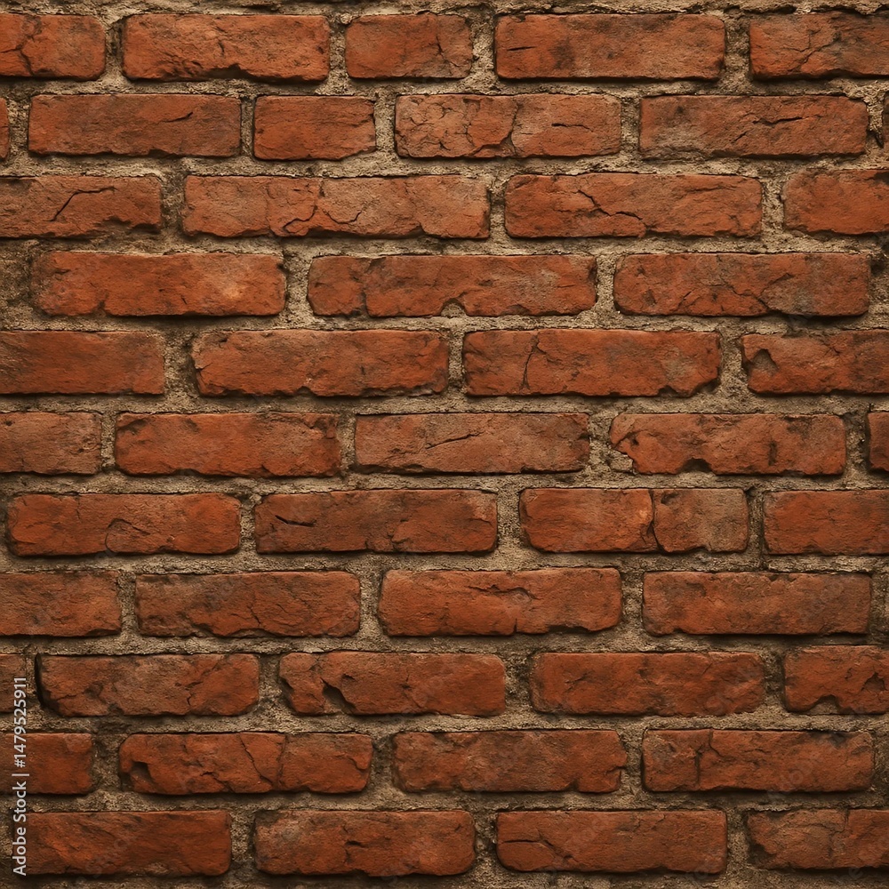 Obraz premium Old red brick wall with rough and uneven texture, weathered bricks with cracks and chipped edges, rustic vintage appearance, detailed mortar lines, high-resolution architectural background