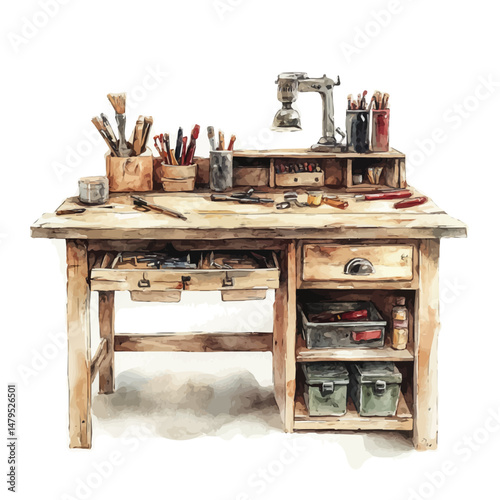 Workbench, watercolor illustration, isolated on a white background.