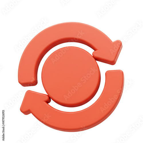 3D Render of Coral Orange Circular Arrows Indicating Refresh Reload Recycle Rotation
