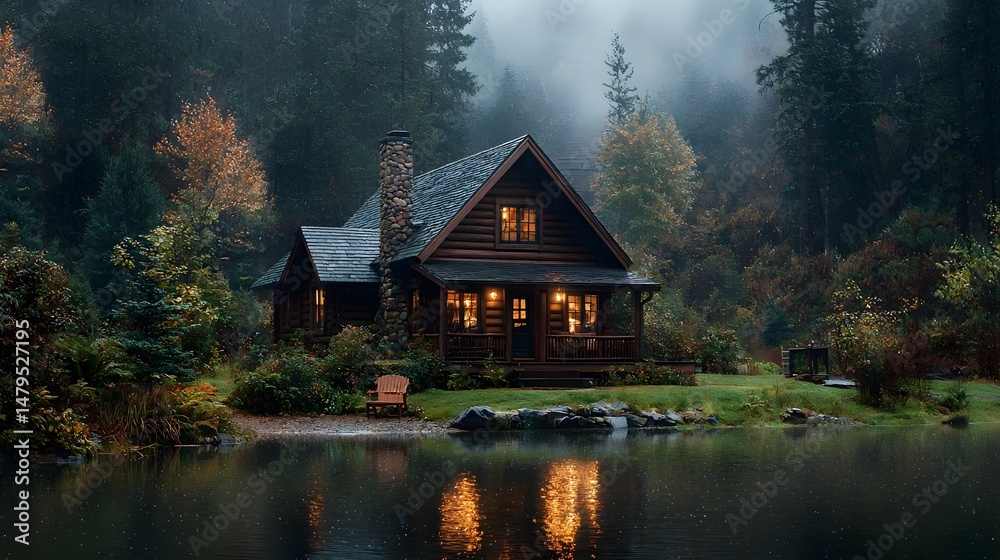 Fototapeta premium Beautifully Crafted Wooden House Beside Idyllic Forest Lake with Wraparound Porch Peaceful and Serene Countryside Landscape with Cozy Cabin Retreat Nestled in Natural Environment
