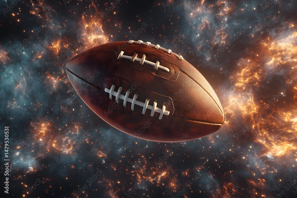 American football floating in a spectacular nebulous galaxy or starry cosmos scene