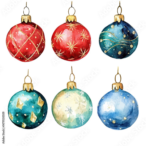 watercolor of Christmas Ornaments, isolated on a white background.