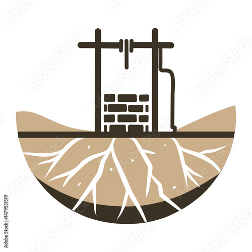 Windmill on a dry landscape. A rustic windmill stands against a backdrop of arid land, under a clear sky. Perfect for conveying themes of sustainability, renewable energy, or rural landscapes