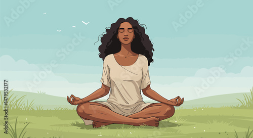 Young Woman Meditating Outdoors - Minimalist Vector Illustration