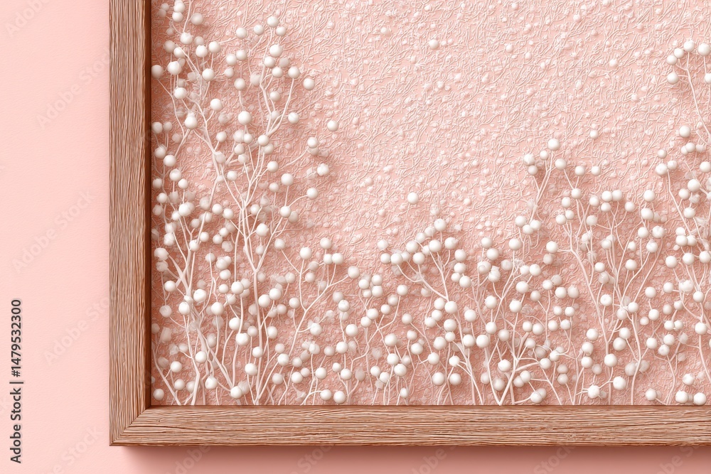 Fototapeta premium Delicate white floral arrangement framed in light wood.