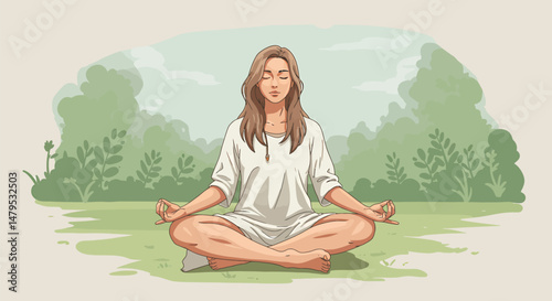 Minimalist Vector Illustration: Young Woman Meditating Outdoors