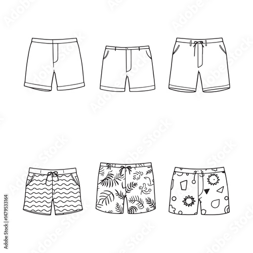 Clean Line Drawing of Stylish Bathing Shorts for Beach