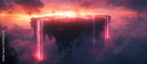 Floating city with fiery waterfalls in a surreal sunset