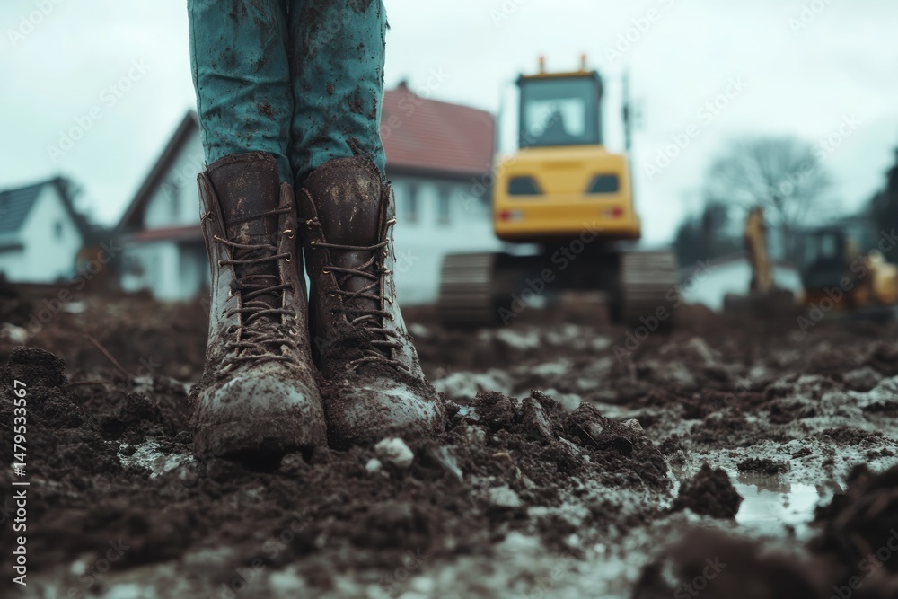 Fototapeta premium Muddy boots on construction site