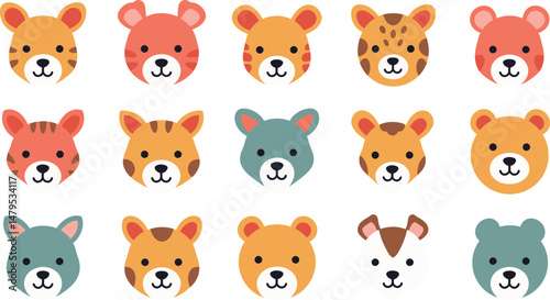 Minimal Flat Style Animal Face Icons