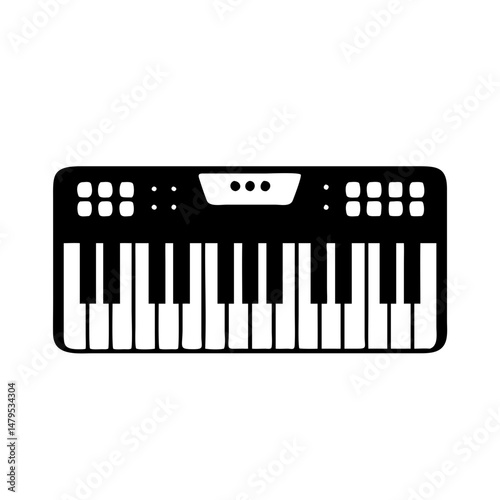 Black and white drawing of a simplified electronic keyboard synthesizer instrument