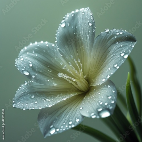 The image depicts a flower in a serene, natural atmosphere, with dew drops scattered on its petals.