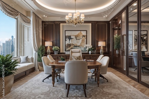 Elegant Business Space with Classic Elements and Innovative DesignLuxurious Office Retreat with Elegant Design and Ambiance for Comfort and Balance