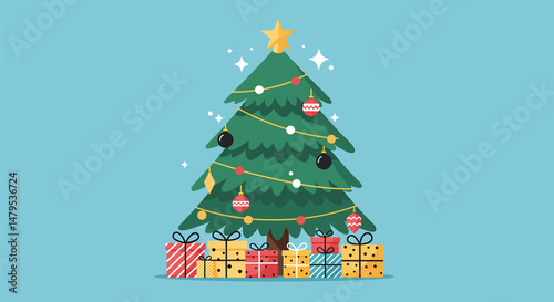 Flat Vector Christmas Tree with Gifts