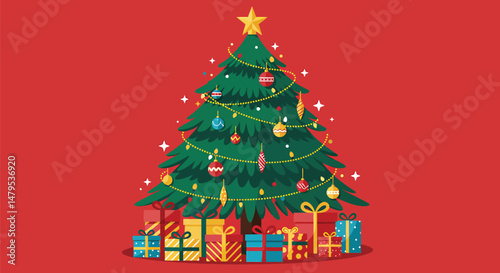 Flat Vector Christmas Tree with Gifts