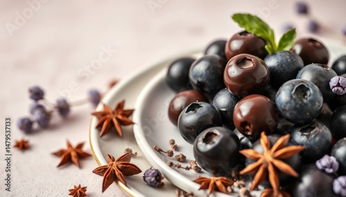 Artistic arrangement of blueberries, chocolates and spices, creating a visual symphony