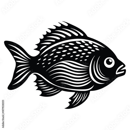 Tropical River Fish Designs in Black and White Coastal Characters Black Vector Fish Icons, Tilapia fish silhouette vector illustration