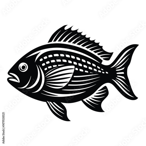Tropical River Fish Designs in Black and White Coastal Characters Black Vector Fish Icons, Tilapia fish silhouette vector illustration