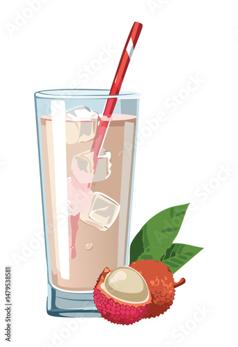 Cold Lychee Beverage with Ice and Lychee - Vector Illustration