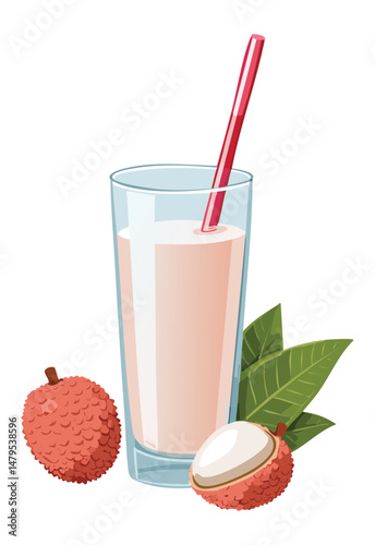 Cold Tropical Drink with Lychee Fruit - Vector Illustration