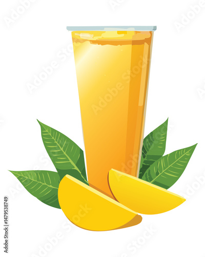 Fresh Mango Juice with Green Leaves - Vector Illustration