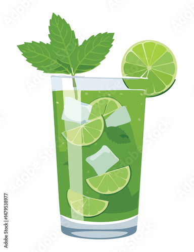 Ice Lime Drink with Lime and Mint - Vector Illustration