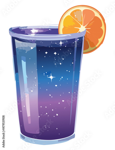 Cosmic Galaxy Inspired Drink with a Bright Orange Slice Garnish - Vector Illustration
