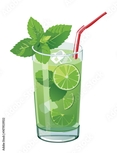 Cool Green Ice Drink with Citrus Lime and Aromatic Mint Garnish - Vector Illustration