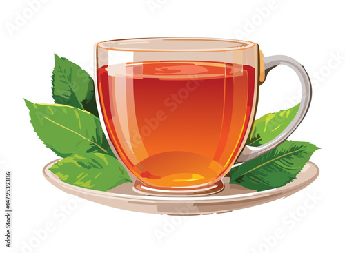 Herbal Tea in Glass Cup with Green Leaves - Vector Illustration