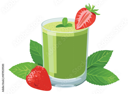 Fresh Green Smoothie with Strawberries and Mint Leaves - Vector Illustration