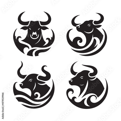 black Set of vector black silhouettes of bull icon isolated on a white background