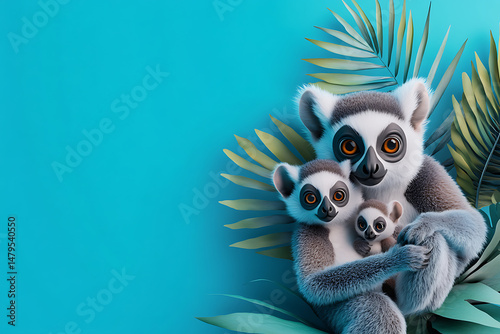 Family of animated lemurs cuddling together against a vibrant blue background with tropical leaves