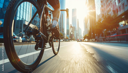 Biker speeds through the city streets with sun-drenched urban scene